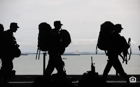 Silhouette of military personnel marching.
