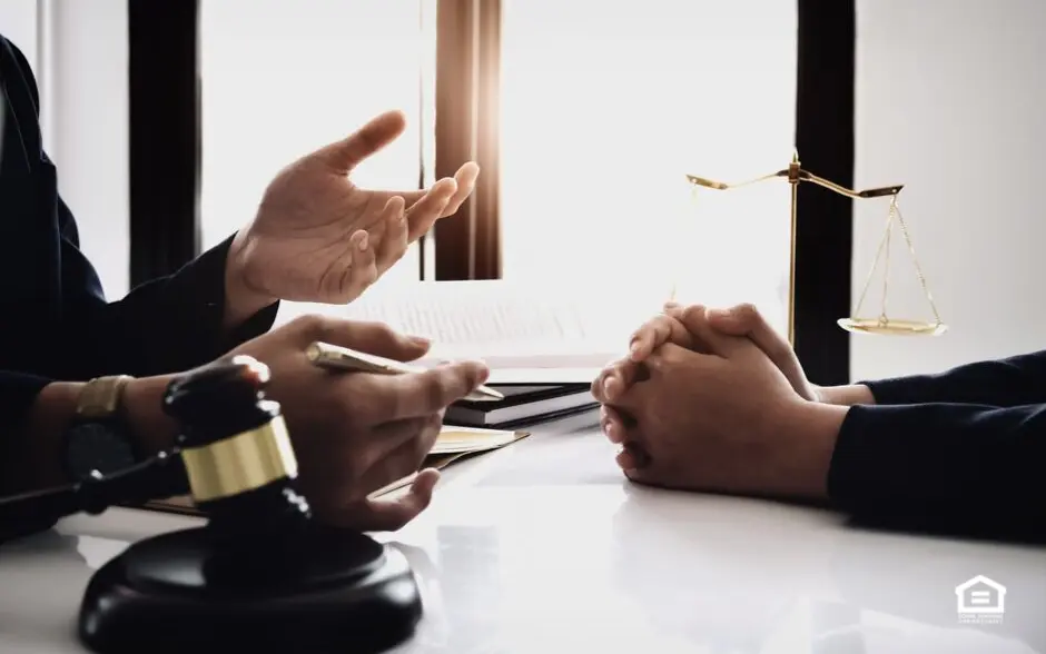 Close up of hands in meeting. Gavel in foreground