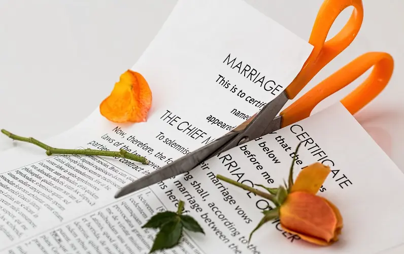 Marriage certificate and rose being cut by scissors