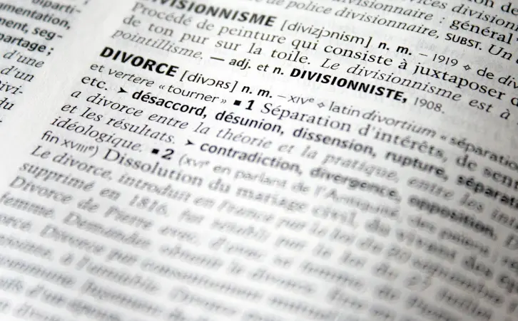 Close up of divorce definition in dictionary