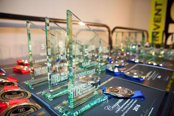 awards displayed on a table