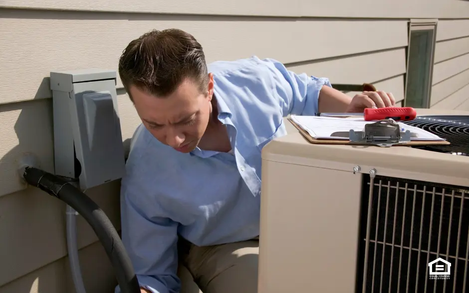 Man installing air conditioner outside a house