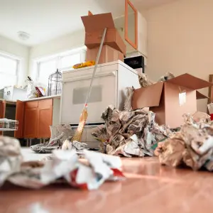 Unpacked boxes in kitchen