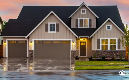 Exterior view of rental property and wet driveway.