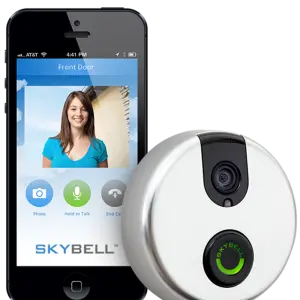 A phone with the Skybell app and the corresponding doorbell