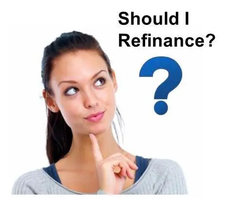 A woman looking at the words "Should I Refinance?" with a big question mark
