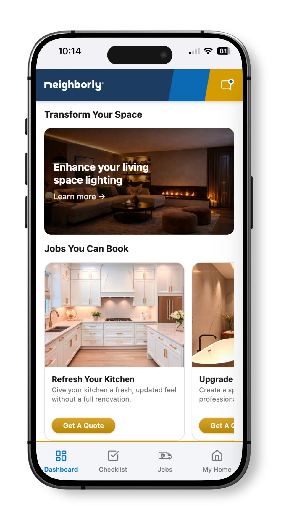 Neighborly App blog articles displayed on smartphone screen.