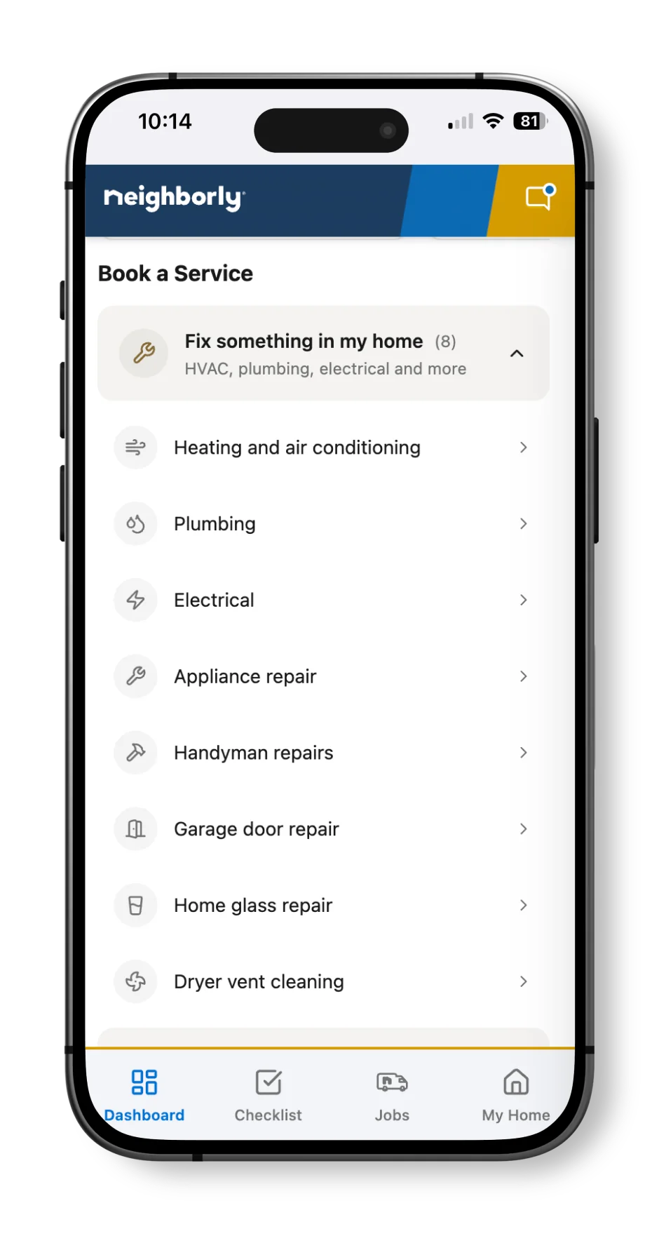Neighborly App services search screen displayed on smartphone.