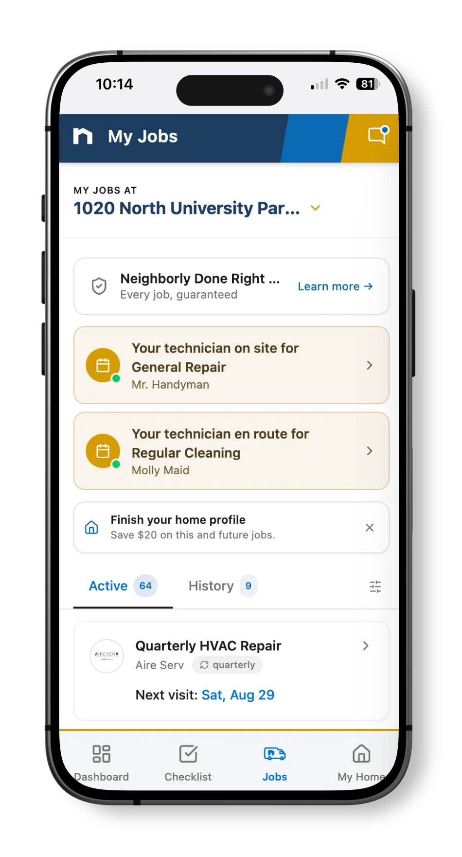Neighborly App job progress marked 'Service Pro assigned' displayed on smartphone screen.