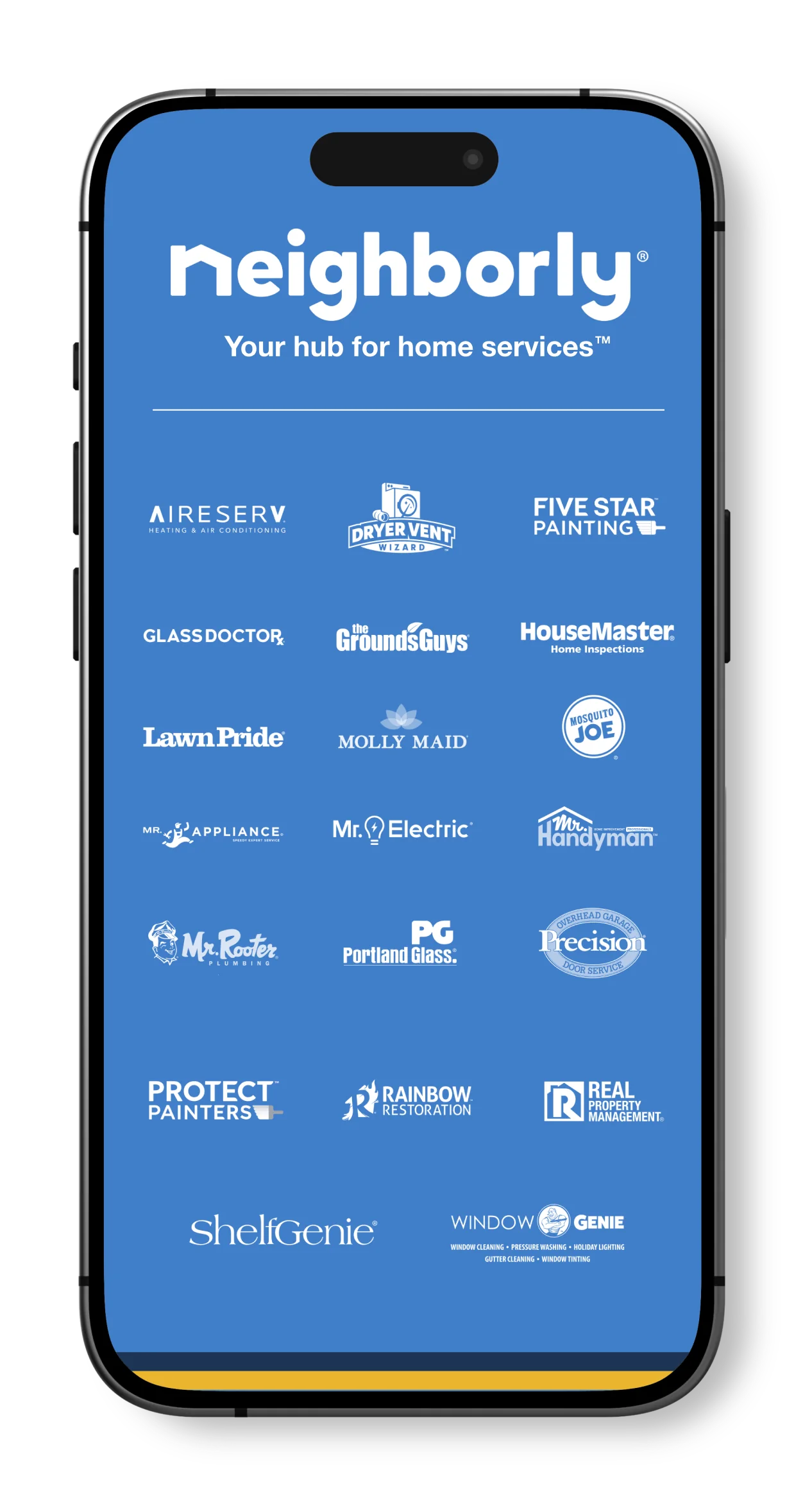 Neighborly brand logos grid displayed in Neighborly App on smartphone screen.