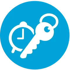 Circular blue icon of clock and key